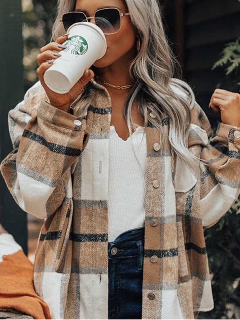 Goodnight Macaroon Beige White Plaid Button-Down Shirt Jacket